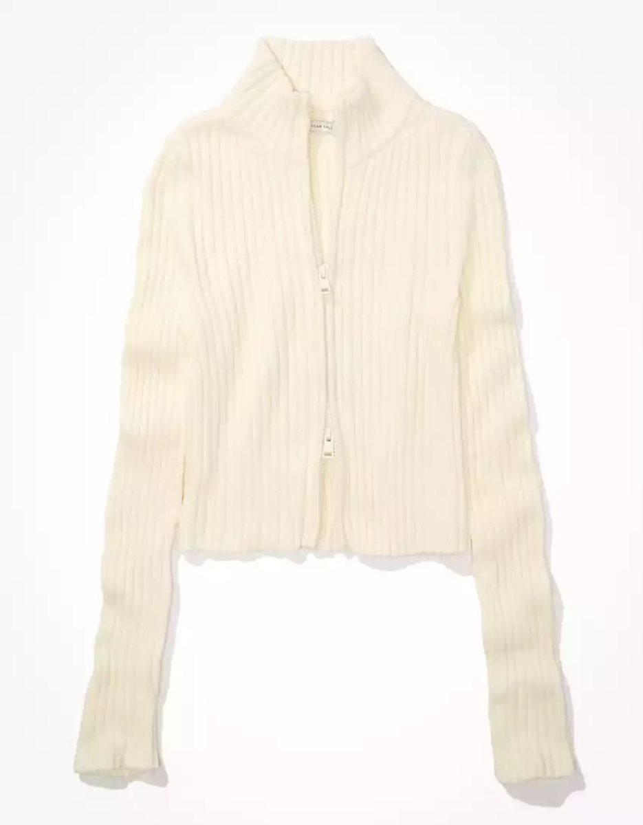 Cardigan American Eagle AE Mock-Neck Double-Zip Blanche Femme | CRE-61936759